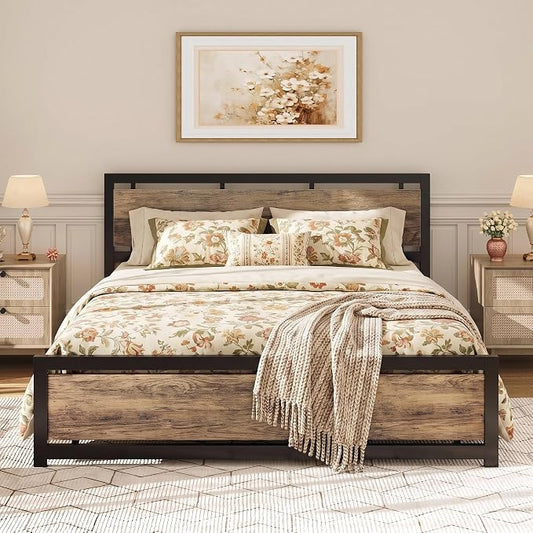 LIKIMIO California King Bed Frame with Headboard and Footboard, Metal Strong Supports, Easy Assembly, Noise-Free, No Box Spring Needed, Walnut