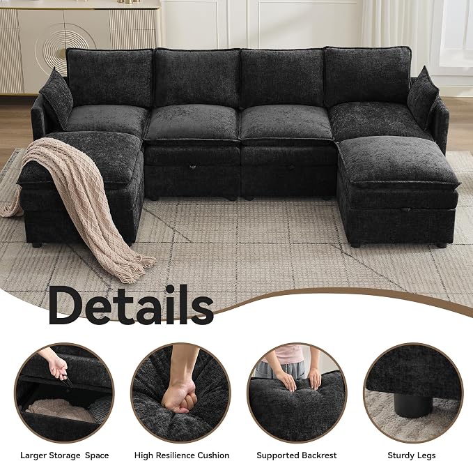 105" Cloud Modular 4 Seater Sofa with 2 Storage Ottoman, Modern Upholstered Sofa Storage Sofa Couch Deep Seat, U Shape Sectional Sofa Chenille Comfy Couch with Armrests for Living Room, Black