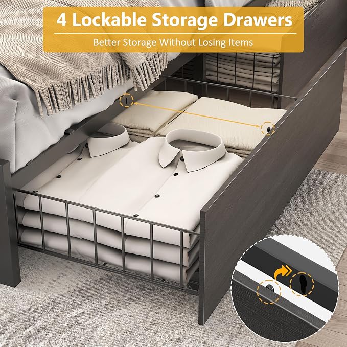 Lifezone Queen Bed Frame with 2-Tier Storage Headboard, Metal Platform Bed Frame with 4 Storage Drawers, Built in Charging Station & LED, Noise-Free/Metal Support/No Box Spring Needed, Rustic Grey