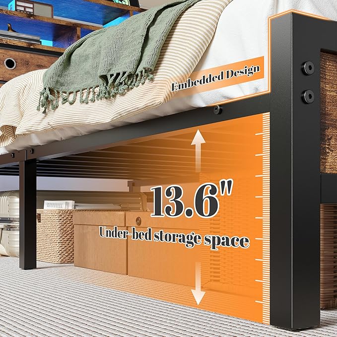 Homkdom Bed Frame Queen Size with 3-Tier Storage Headboard and 4 Drawers,Queen Platform Bed Frame with LED Lights & Charging Station,Metal Queen Bed,Noise-Free,Rustic Brown