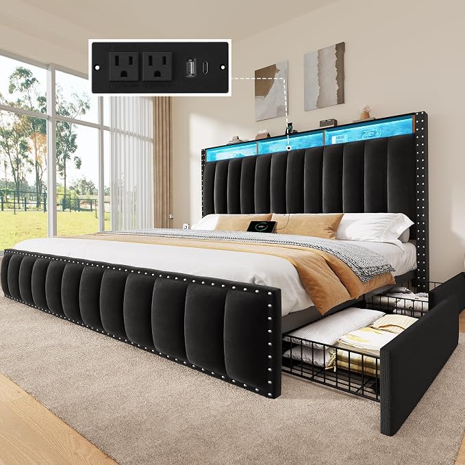 DWVO King Size Bed Frame with 4 Storage Drawers and RGB LED Lights, Velvet Upholstered Platform Bed with Charging Station and Bookcase Storage Headboard, No Box Spring Needed, Easy Assembly, Black