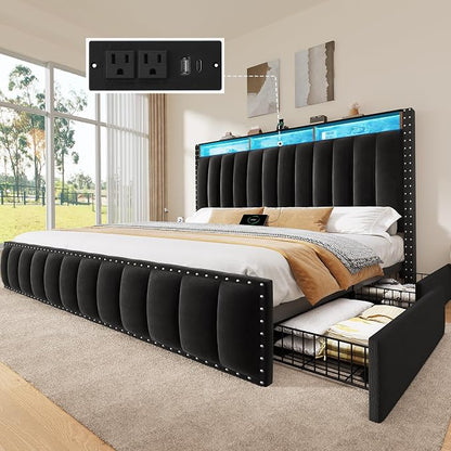 DWVO King Size Bed Frame with 4 Storage Drawers and RGB LED Lights, Velvet Upholstered Platform Bed with Charging Station and Bookcase Storage Headboard, No Box Spring Needed, Easy Assembly, Black