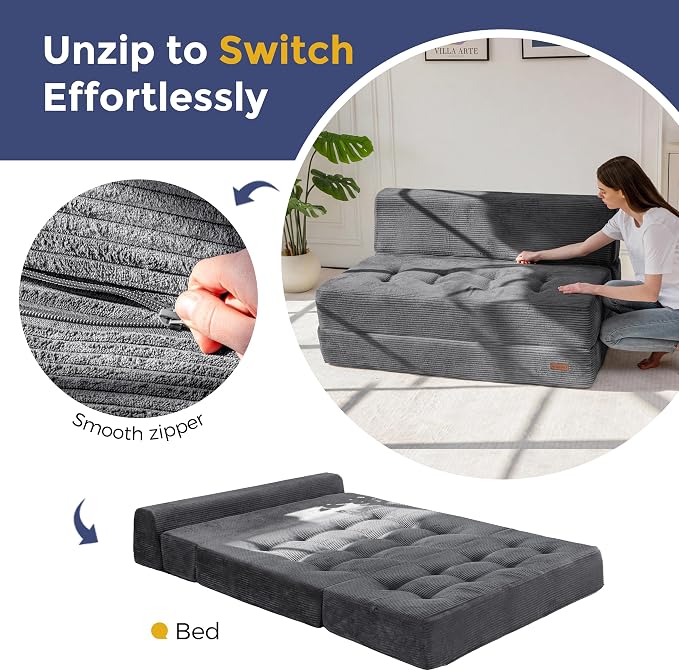 MAXYOYO 8" Folding Sofa Bed, Fold Out Chair Bed, Convertible Floor Sofa Couch, High-Density Foam Tufted Lounge Couch for Living Room Bedroom Dorm, Loveseat, Dark Grey