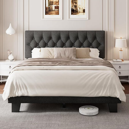 Einhomn Queen Upholstered Bed Frame with Headboard, Button Tufted Linen Bed Base, Platform Bed with Wood Slat, Heavy Duty, Easy Assembly, No Box Spring Needed, Dark Grey
