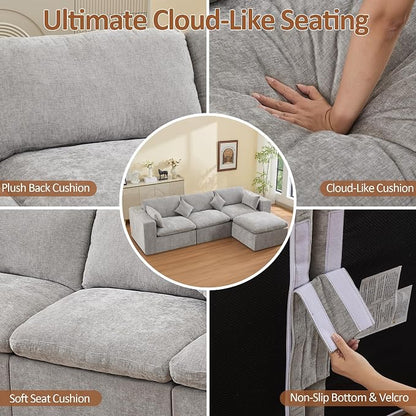 115''Cloud Boneless Sectional Couch, Modular Sectional Sofa Deep Seat with Ottoman, Oversized Upholstered Convertible Comfy 4 Seater Chenille Sofa L Shape Couches for Living Room, Light Grey