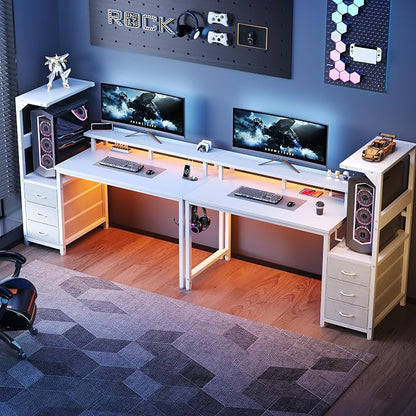 DUMOS 52” Gaming Desk with USB Charging Ports & LED Lights, Reversible Computer Desk with Drawers, PC Desk for Home Office Small Space, Gaming Table Fits PC Towers, White