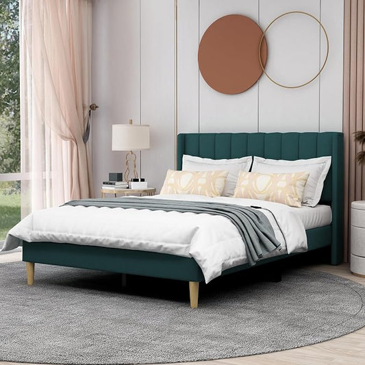 AGARTT Upholstered Platform Bed Frame Full Size with Headboard and Footboard/Wooden Slats Support/No Box Spring Needed/Easy Assembly,Ink Green Velvet