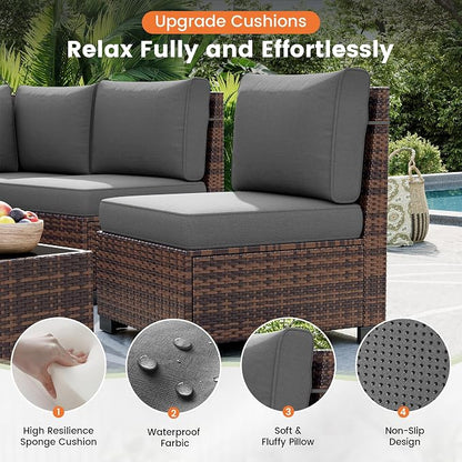 UDPATIO Patio Furniture Set with Fire Pit Table, 8 Inch Armrest 7 Piece Outdoor Sectional Sofas, All-Weather Wicker Conversation for Garden, Backyard, Brown/Dark Grey
