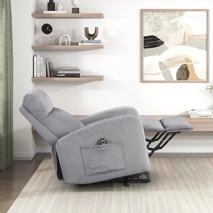 Lexicon Power Lift Recliner Chair for Elderly with Remote Control, Gentle Lift Motion, Side Pocket Armrest, Corduroy Upholstered Electric Recliner for Living Room/Bedroom, Easy Assembly, Dark Gray