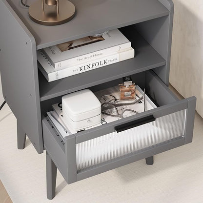 MMEOLUOOK Nightstand with Charging Station, Bedside Tables Grey End Table Side Table with 2 Tiers Storage Space, for Bedroom Living Room CAMLBZ07ZE