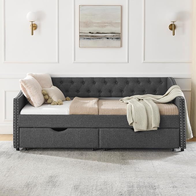 KEIKI Twin Size Upholstery Daybed with 2 Drawers and Headboard, Mid-Century Style Tufted Sofa Bed with Button on Back, Easy Assembly, No Box Spring Required, for Living Room and Bedroom, Dark Grey