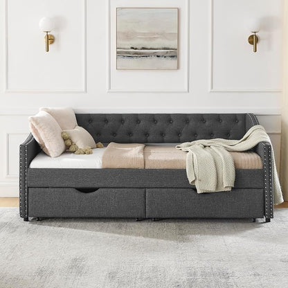 KEIKI Twin Size Upholstery Daybed with 2 Drawers and Headboard, Mid-Century Style Tufted Sofa Bed with Button on Back, Easy Assembly, No Box Spring Required, for Living Room and Bedroom, Dark Grey