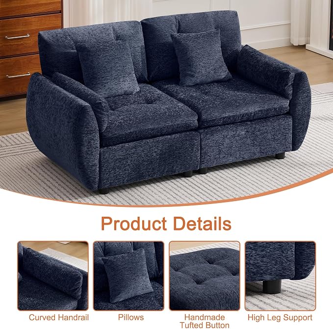 57" Modular Loveseat Cloud Sofa, Deep Seat Tufted Chenille Sectional Love Seat Couch with Curved Arms, 2-Seater Couches for Living Room, Blue