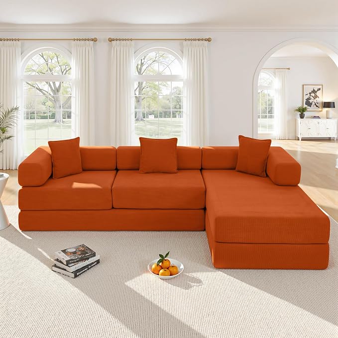ivoros 108" Oversized Convertible Sleeper Sofa Bed, Corduroy L Shape Sectional Couch, Folding Sofa Bed with Fixed-Shape Frame, Modern Cloud Floor Mattress Couch, Modular Sofa for Living Room, Orange