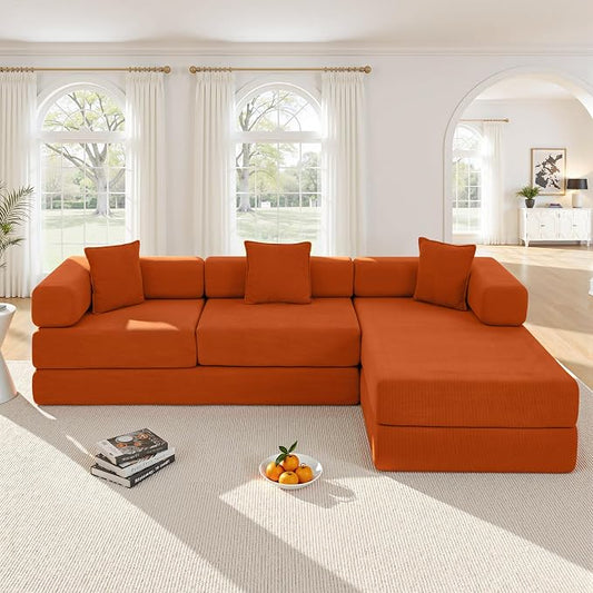 ivoros 108" Oversized Convertible Sleeper Sofa Bed, Corduroy L Shape Sectional Couch, Folding Sofa Bed with Fixed-Shape Frame, Modern Cloud Floor Mattress Couch, Modular Sofa for Living Room, Orange