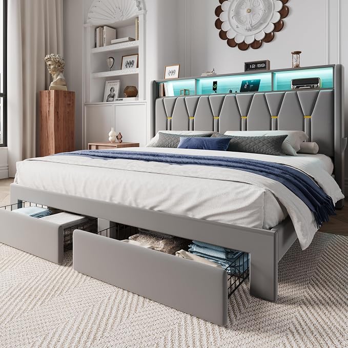 SHA CERLIN Velvet King Platform Bed Frame with 2 Storage Drawers, LED Storage Headboard with Charging Station, Wingback Upholstered, Noise Free, No Box Spring Needed, Easy Assembly, Grey