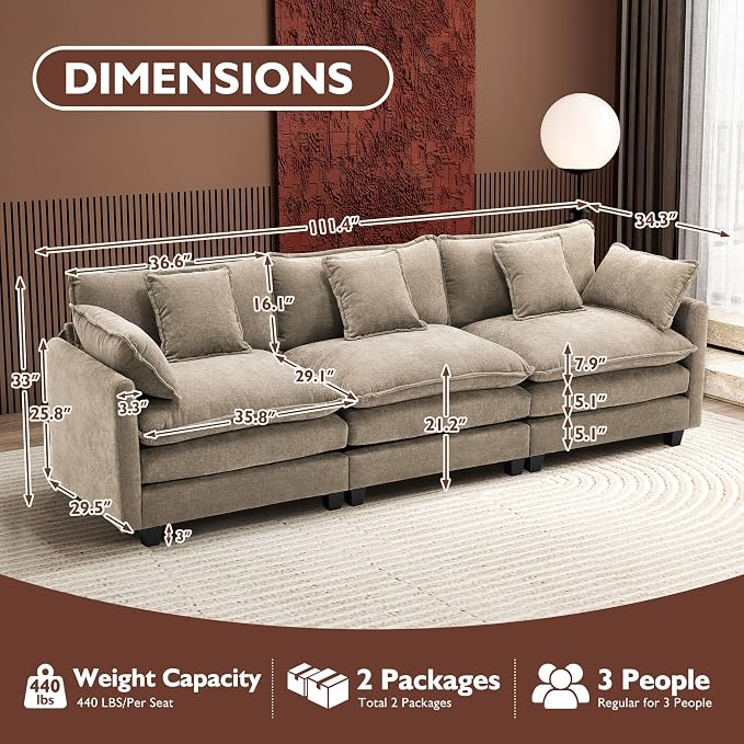 Ihanherry 111.4 Inch 3-Seater Cloud Sofa, Modular Sectional Couch, Modern Deep Seat Sofa for Living Room, Comfy Double Layer Upholstered Seat Cushion, Breathable Chenille Fabric,Sand