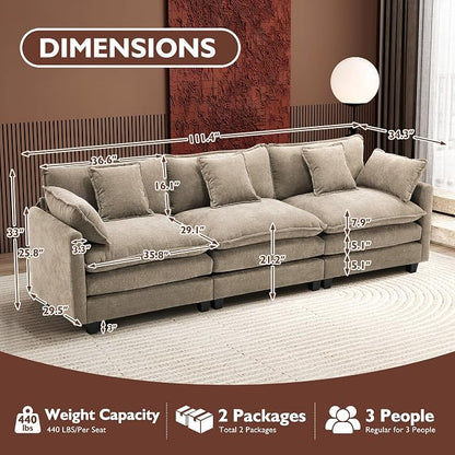 Ihanherry 111.4 Inch 3-Seater Cloud Sofa, Modular Sectional Couch, Modern Deep Seat Sofa for Living Room, Comfy Double Layer Upholstered Seat Cushion, Breathable Chenille Fabric,Sand