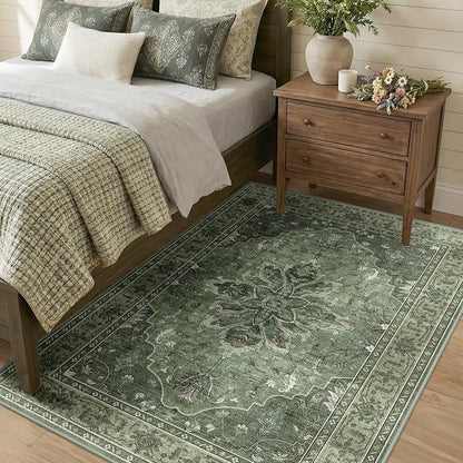 RELEANY Area Rugs 4'x6' Washable Non-Slip, Floral Vintage Distress Medallion Carpet for Living Room Bedroom Dining Room, Dark Green Gray
