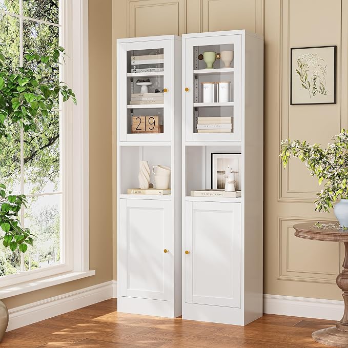Narrow Glass Door Storage Cabinet Tall Metal Storage Cabinets with 4 Adjustable Shelves Freestanding 5 Tier Slim Pantry Cabinet for Kitchen Office Small Space