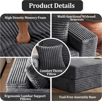 75'' L-Shaped Cloud Modular Sectional Couch with Chaise, Modern Corduroy Memory Foam Sofa Bed, Upholstered Boneless Deep Seat Fluffy Sleeper Sofa, for Living Room, No Assembly Needed (Dark Grey)