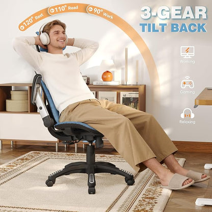 GABRYLLY Ergonomic Office Chair, High Back Mesh Desk Chair with Adjustable Headrest, Flip-Up Arms, 90-120° Tilt Lock, Lumbar Support and Comfy Seat, Swivel Computer Task Chair, Blue