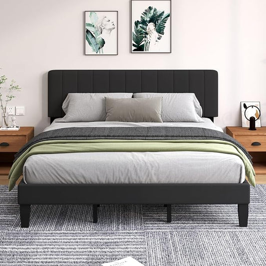 King Size Bed Frame with Velvet Upholstered Platform Bed and Wooden Slats Support, Adjustable Height Headboard/No Box Spring Needed/Easy Assembly/Mattress Foundation, Black