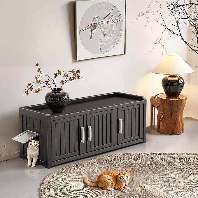 DRATO Indoor Outdoor Shoe Storage Cabinet, Shoe Bench Entryway with Adjustable Shelves, Multifunctional Resin Storage Bench for Entryway Foyer Hallway (Black, 3 Doors with Windows)