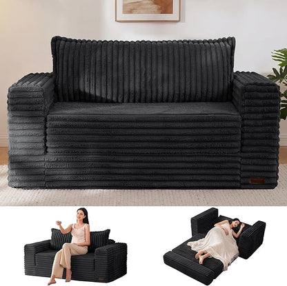 MAXYOYO Convertible Sofa Bed, 2 in 1 Folding Couch Bed for Small Space, Pull Out Loveseat Sofa Couch with Large Back Pillow, Plush Faux Fabric Lounge Couch for Living Room, Apartment, Black