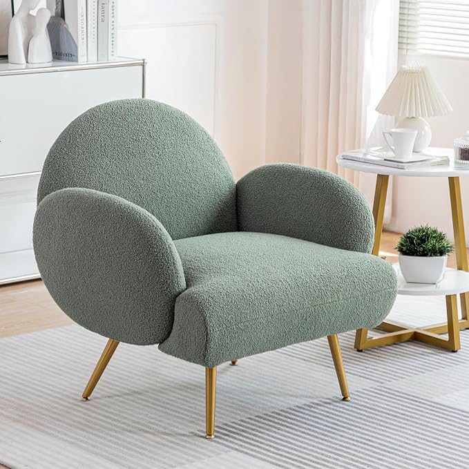 Accent Chair Green with Golden Metal Legs,Reading Chair for Bedroom Comfy, Boucle Sherpa Chair for Living Room, Bedroom