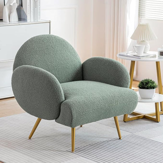 Accent Chair Green with Golden Metal Legs,Reading Chair for Bedroom Comfy, Boucle Sherpa Chair for Living Room, Bedroom