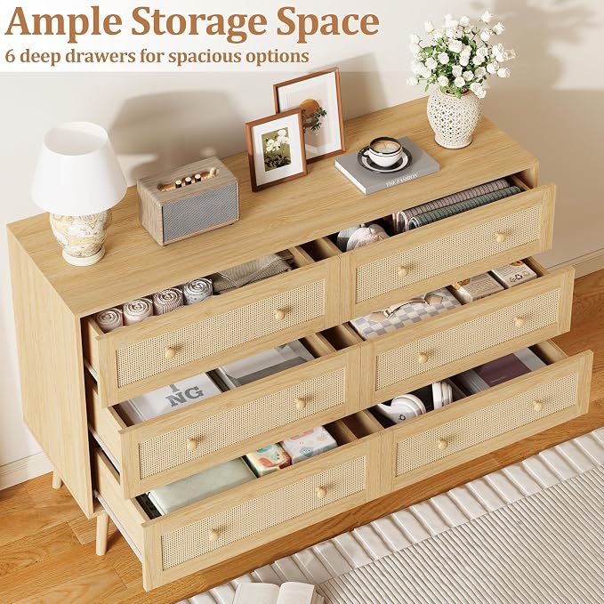Rattan 6 Drawer Dresser for Bedroom, 47.3" Wide Dresser Chest of Drawers, Boho Wood Dresser TV Stand with Wood Handles, Storage Dressers Closet Organizer for Living Room Hallway, Natural Oak