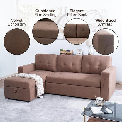 Naomi Home 84" L-Shaped Sectional Sleeper Sofa with Pull Out Bed | Sleeps Guests Comfortably, Stores Essentials in Chaise & Saves Space, Velvet, Mocha Convertible Sofa Bed