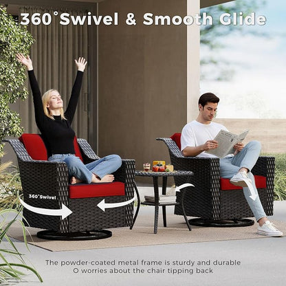 6 Pieces Patio Conversation Furniture Set - 1 Sofa, 2 Swivel Chairs, 2 Ottomans, 1 Side Table, Outdoor Wicker Furniture with Removable Cushions for Porch, Balcony, Sunroom (Red)