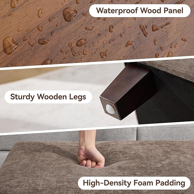 45 Inch Large Storage Ottoman Bench with Wooden Tray Coffee Table, Brown Chenille Upholstered Foot Rest, Multifunctional Foot Stool Ottoman for Living Room, Bedroom & Entryway, Solid Wood Legs
