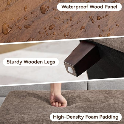 45 Inch Large Storage Ottoman Bench with Wooden Tray Coffee Table, Brown Chenille Upholstered Foot Rest, Multifunctional Foot Stool Ottoman for Living Room, Bedroom & Entryway, Solid Wood Legs