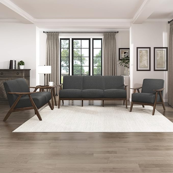 Lexicon Mid Century Modern Accent Chair with Solid Wood Frame in Walnut Finish, Upholstered Living Room Lounge Arm Chair, Thick and Comfy Innerspring Seat Cushion, Linen-Look Fabric, Dark Grey