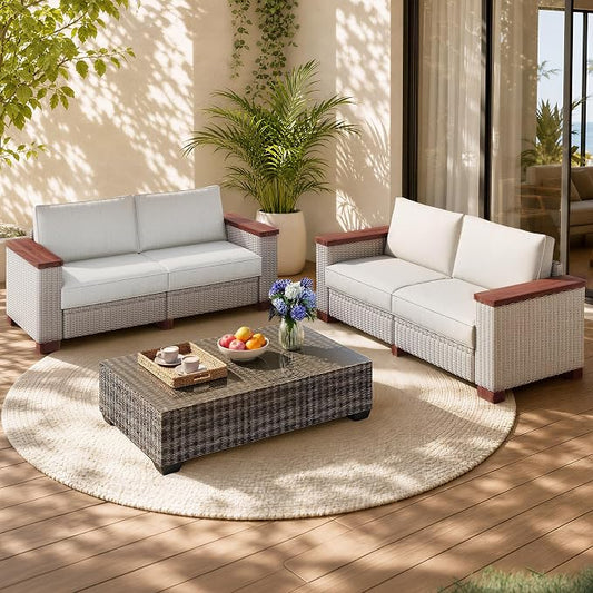 PaPaJet 4-Piece Wicker Patio Furniture Set with Solid Wood Armrest, Outdoor Patio Set with Thick Legs, UV-Resistant Modular Outdoor Sectional Sofa for Backyard, Porch, Garden