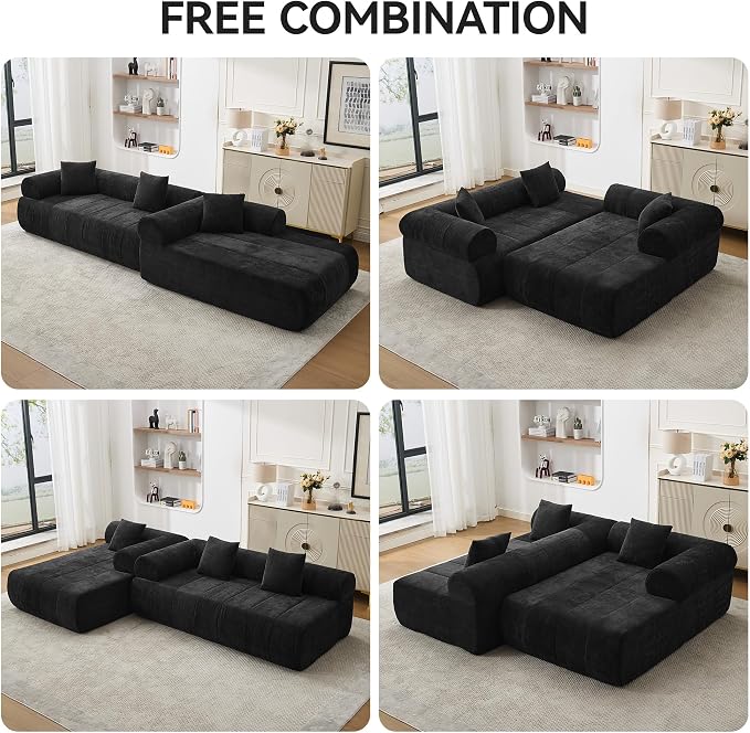 119'' Curved Boneless Sofa Couch, 3 Seat Cloud L Shaped Deep Seat Couches for Living Room, No Assembly Modular Sofa with Right Chaise Lounge, Black