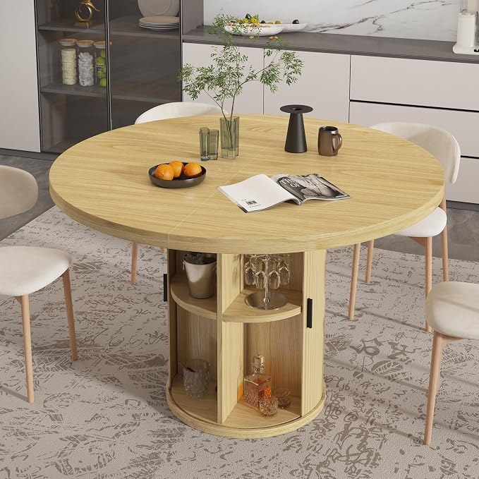 35.5'' Round Pedestal Dining Table, 2-4 Modern Fluted Dining Room Kitchen Table with Storage Shelf, Wood Base Dinner Tables for Kitchen, Breakfast Nook, Small Space, Living Room(Natural)