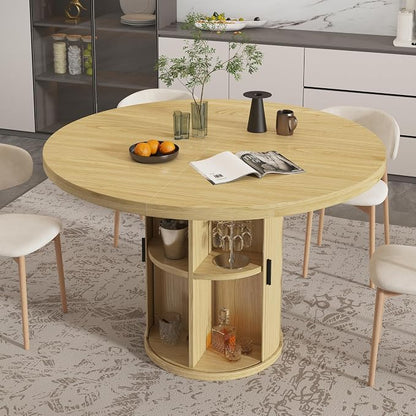 35.5'' Round Pedestal Dining Table, 2-4 Modern Fluted Dining Room Kitchen Table with Storage Shelf, Wood Base Dinner Tables for Kitchen, Breakfast Nook, Small Space, Living Room(Natural)