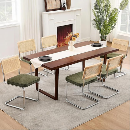 Zesthouse Natural Rattan Dining Chairs Set of 6, Mid Century Modern Dining Chairs with Solid Wood Back & Chrome Base, for Kitchen Living Room, Breuer Design Inspired, Upholstered Linen Fabric, Green