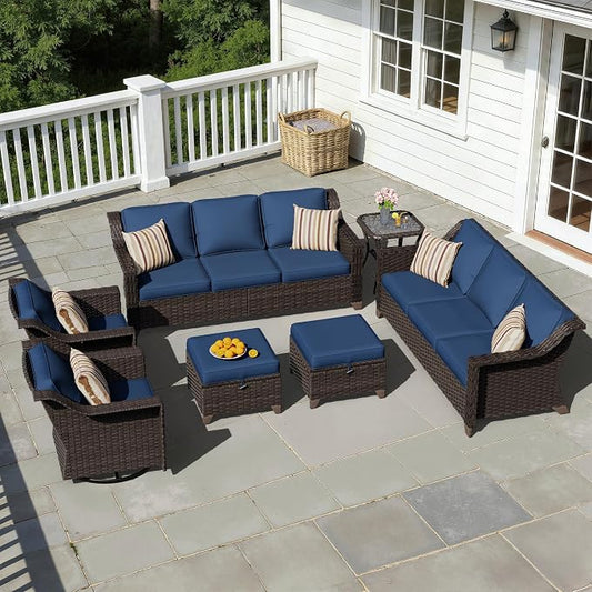 7 Pieces Patio Conversation Furniture Set - 2 Sofas, 2 Ottomans, 2 Swivel Chairs, 1 Side Table, Outdoor Wicker Furniture with Removable Cushions for Porch, Balcony, Sunroom (Blue)