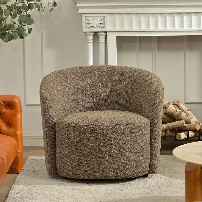 KINWELL 34" W Mid Century Modern Swivel Barrel Chair, Round Upholstered Boucle Swivel Accent Chairs, No Assembly Sofa Chair for Living Room Bedroom Reading Apartment Lounge Nursery(Teddy Brown)