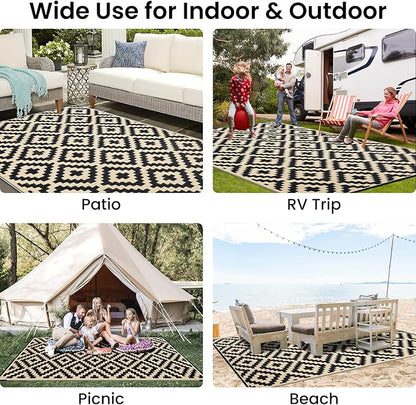 Smiry Waterproof Outdoor Rug 8x10 ft, Reversible Plastic Straw Patio Camping Rugs, Outdoor Indoor RV Mat Carpet for Patio, Outside Entry, Backyard, Deck, Bench, Picnic, Camper, Black & Beige
