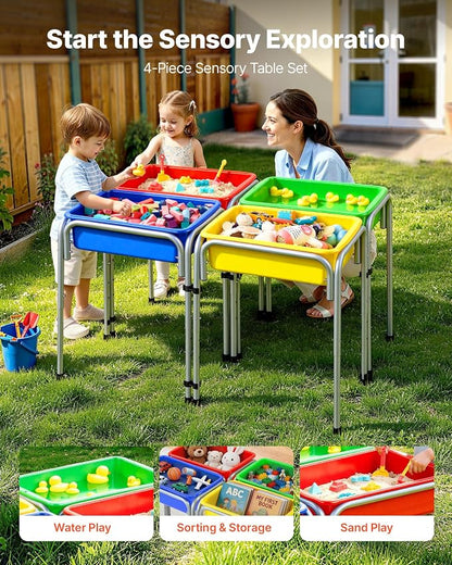 VEVOR Sensory Table for Toddlers, Kids 4-Station Sand and Water Adjustable Play Table with Detachable Storage Bins and Non-Slip Feet, Carbon Steel Frame, Rounded Corners, for Boys and Girls Exploring