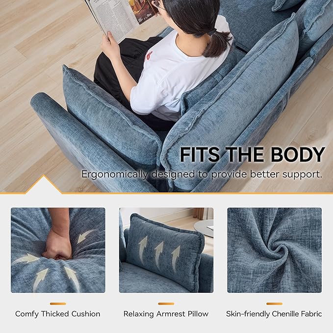 111'' Sectional Cloud Deep Seat Couch, Modern Comfy Chenille L Shaped Sectional Sofa for Living Room Set, Upholstered Modular 4-Seats Sofa Couch with 1 Movable Ottoman, Blue