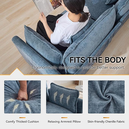 76'' Cloud Deep Seat Loveseat Sofa, Upholstered Chenille Modular 2-Seats Sectional Sofa Couch with Movable Ottoman, Modern Comfy Settee Loveseat for Living Room Set, Small Apartment, Blue