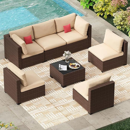 LHBcraft 7 Piece Outdoor Patio Furniture Set, Wicker Hand-Woven Patio Furniture Set Outdoor Patio Sectional Sofa for Backyard Rattan Seating with Beige Cushion