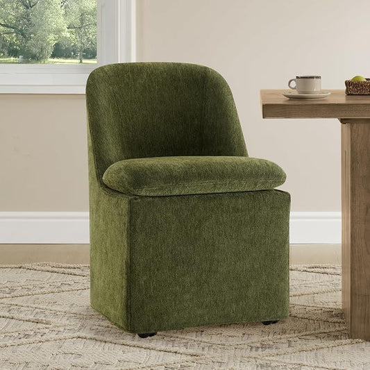 KISLOT Upholstered Dining Chairs with Casters, Washable Cover Modern Dining Room Chairs with Thick Cushion & Sturdy Metal Frame for Kitchen, Living Room, Dressing Room, Green Fabric, Set of 1